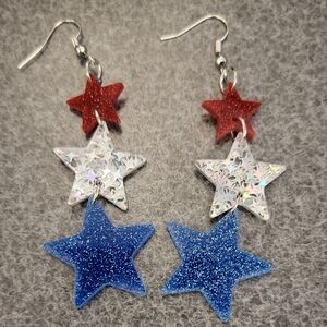 Sparkling Star Earrings - Red, Silver, and Blue